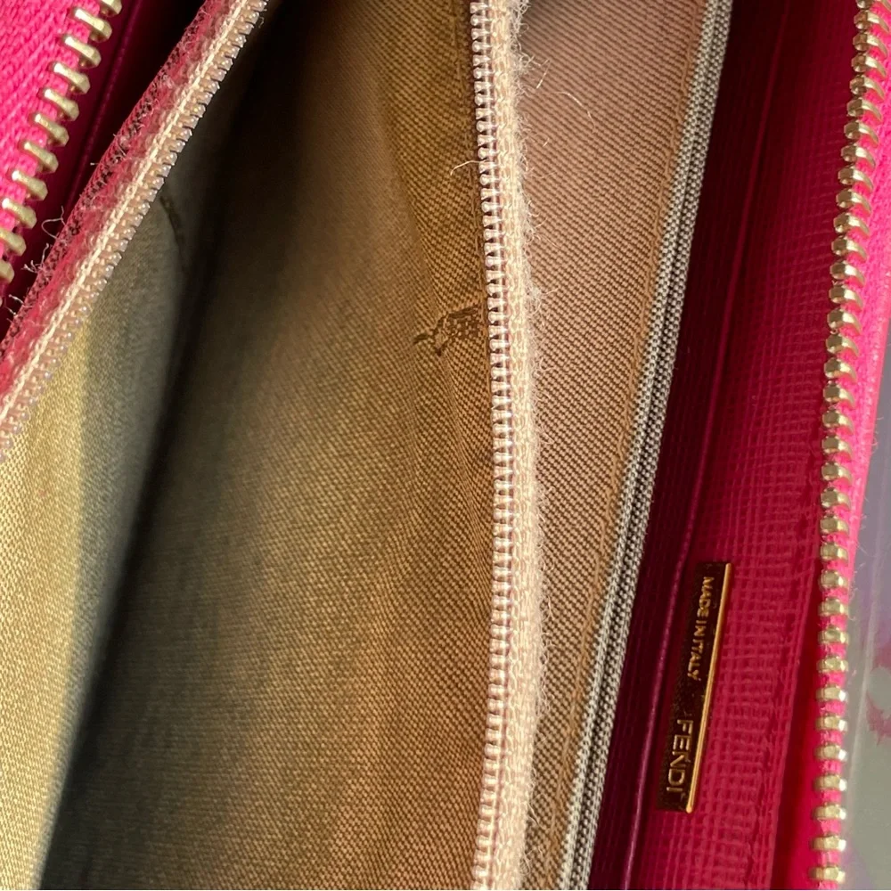 Authentic Fendi Zucca Zip Around Wallet Brown Canvas Pink Trim Italy - Picture 10 of 10